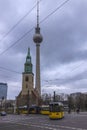 February 05, 2020: View of the Television Tower Fernsehturm in Berlin from Alexander Platz. The famous TV towe